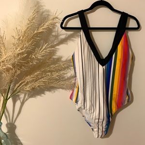 Rachel Roy Striped Rainbow Cutout Back Swimsuit L